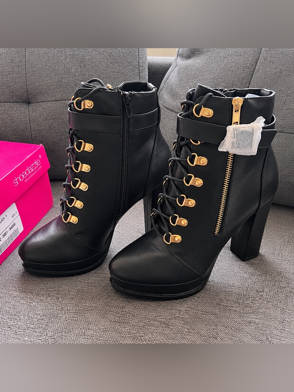 NWT Black Platform Lace Up Ankle Boots Gold Hardware ShoeDazzle Brea Size 9 NIB